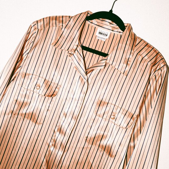 Champagne & Black Striped Satin-Esque Blouse with Chest Pockets - Picture 6 of 6